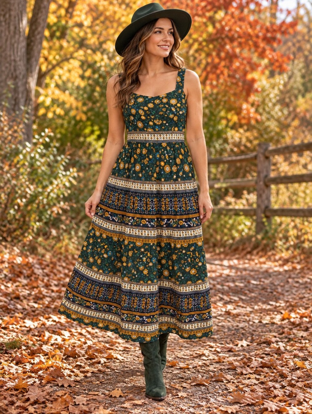 Umgee Green Maxi Dress with Yellow Floral Print